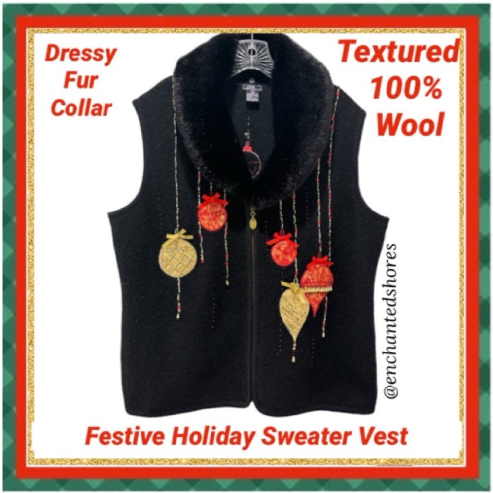 Christmas Sweater Vest Vintage Wool Sweater Fur Collar Black Red Gold Size XL